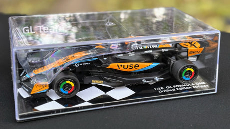 Detailed image of GL Racing 1/28 scale MCL60 #81 Formula One car body showing aerodynamic features and branding.