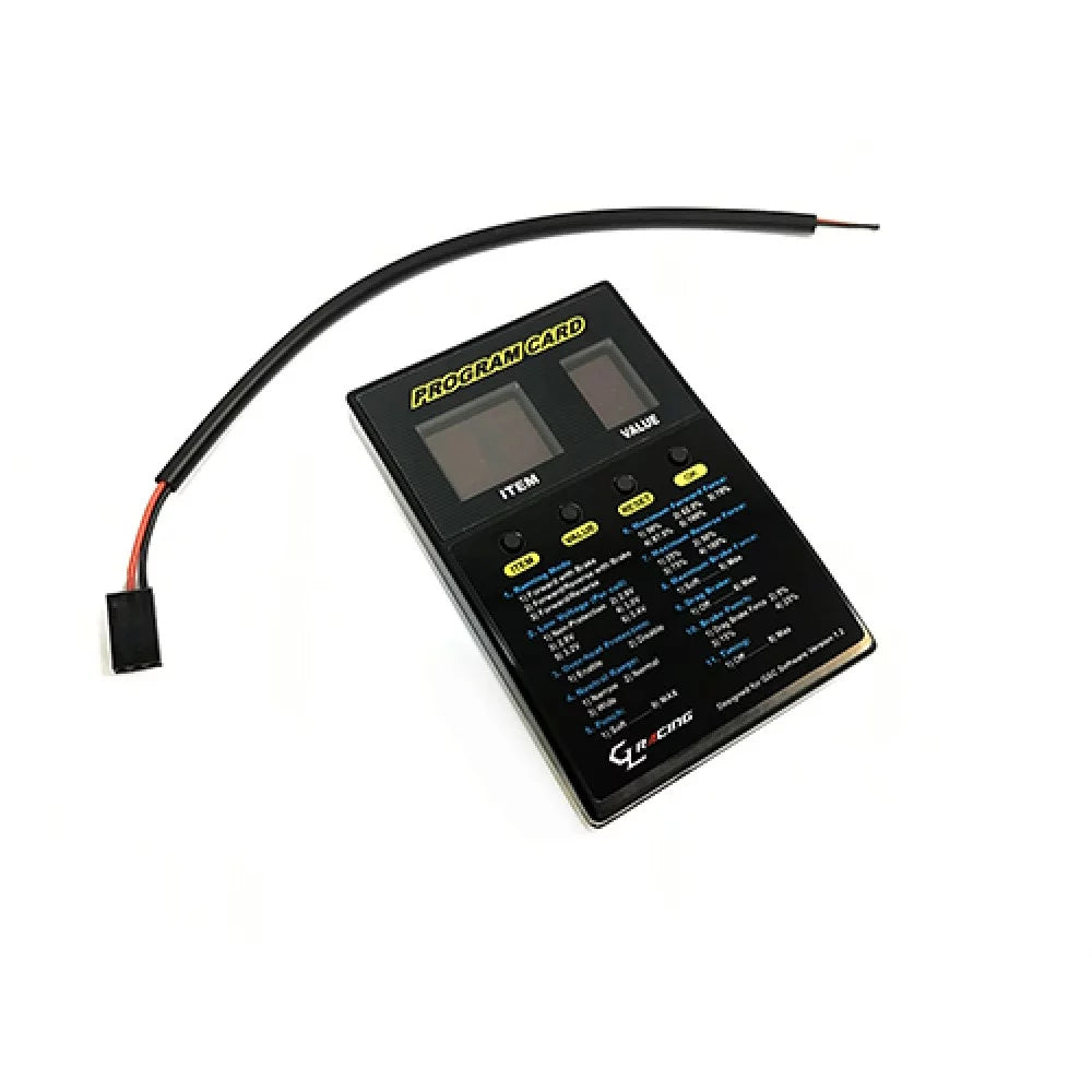 GL Racing ESC program card for GSC 1.2 (GL002-P), showing the compact circuit board with connectors and labeled components.