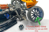 Rear wheels of the GL Racing 1/28 scale Formula One chassis model showcasing detailed racing car design.