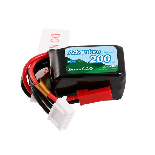 Gens Ace 200mAh 3S 11.1V 30C LiPo battery with JST connector for RC models and drone applications.