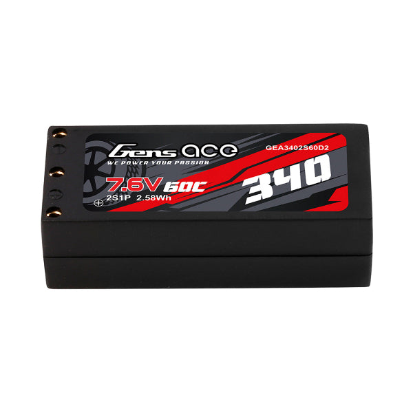Gens Ace 340mAh 2S 60C HV LiPo battery with XT60 connector, suitable for RC models and high-voltage applications.