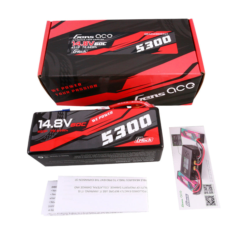 Gens Ace 5300mAh 4S 60C hardcase G-Tech LiPo battery with EC5 connector, 11.1V for RC hobby applications.