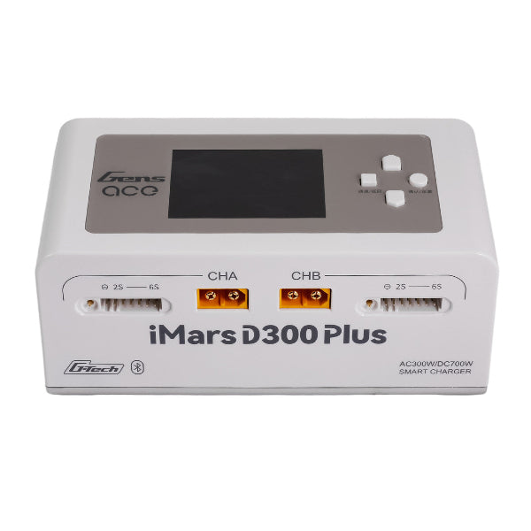 Gens Ace iMars D300 Plus smart charger in white with digital display and multiple charging ports for batteries and devices.
