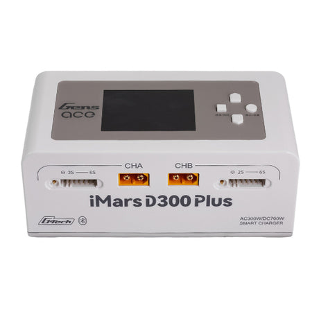 Gens Ace iMars D300 Plus smart charger in white with digital display and multiple charging ports for batteries and devices.