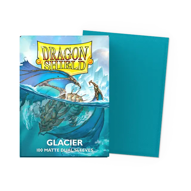 Dragon Shield Glacier Dual Matte Standard Sleeves for trading cards, featuring a frosty, matte finish and sturdy protective design.