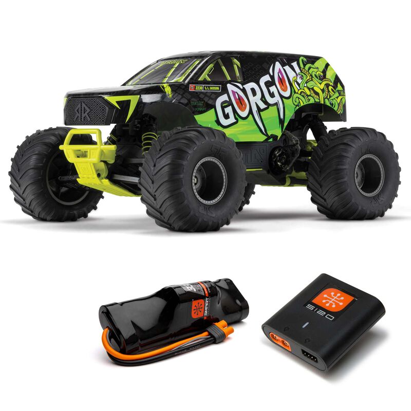 ARRMA 1/10 Gorgon 2WD RTR brushed monster truck, showing its rugged design and off-road tires on a dirt track.