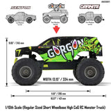ARRMA 1/10 Gorgon 2WD RTR brushed monster truck with rugged tires and detailed body, ready for off-road racing.