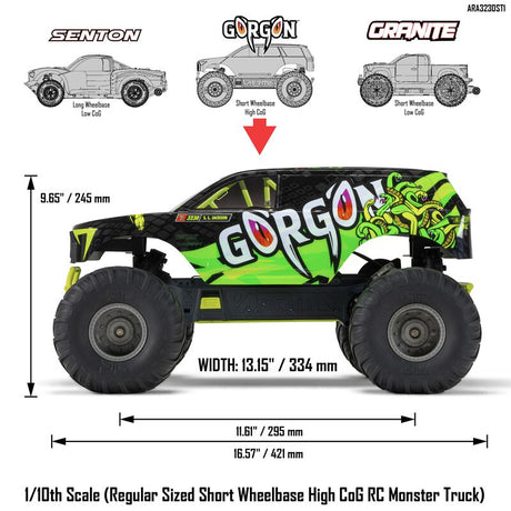 ARRMA 1/10 Gorgon 2WD RTR brushed monster truck with rugged tires and detailed body, ready for off-road racing.
