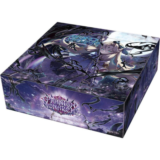 Grand Archive TCG Phantom Monarchs 1st Edition booster box with colorful artwork and branding from Weebs of the Shore.