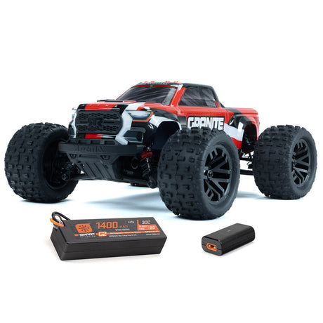 Red ARRMA 1/18 Granite GROM 4x4 RTR brushed monster truck with rugged tires and detailed body for off-road performance.