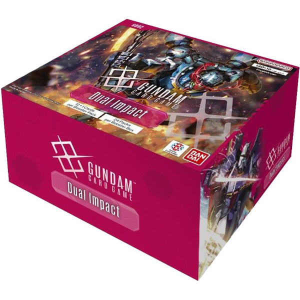 Bandai Gundam Card Game Dual Impact Booster Box with colorful artwork and multiple booster packs for collectible card gameplay.