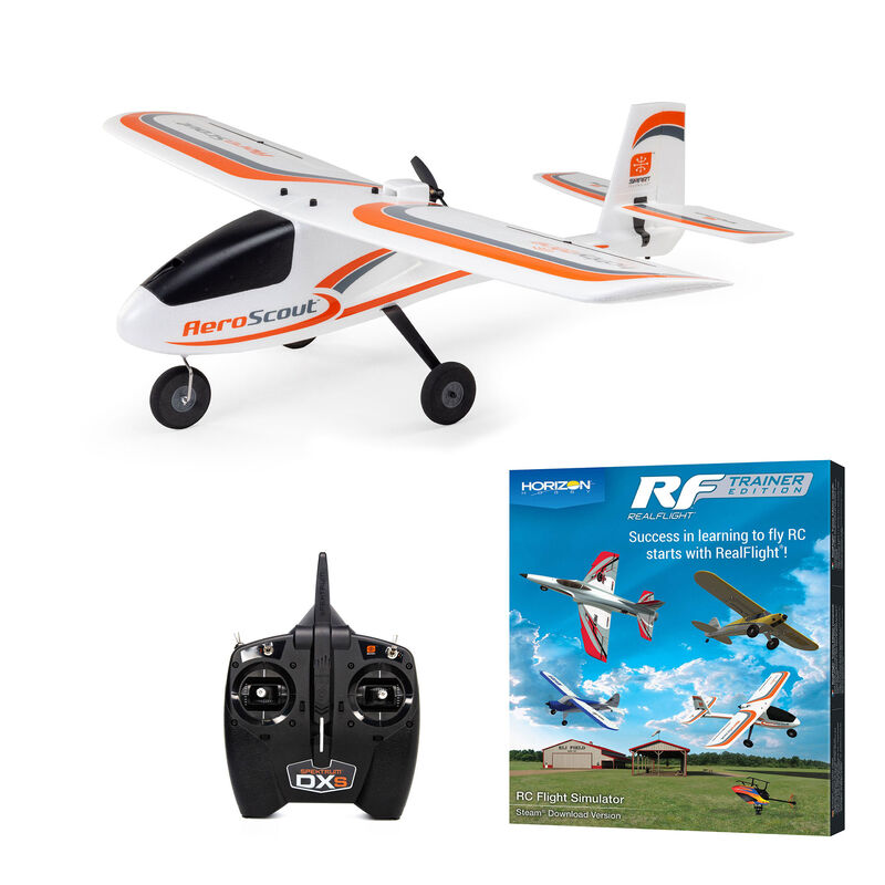HobbyZone AeroScout S 2 1.1m RTF drone with SAFE technology and RealFlight controller in a natural outdoor setting