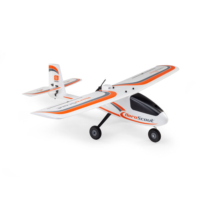 HobbyZone AeroScout S 2 1.1m RTF basic drone with SAFE technology and RealFlight controller, shown in flight mode.