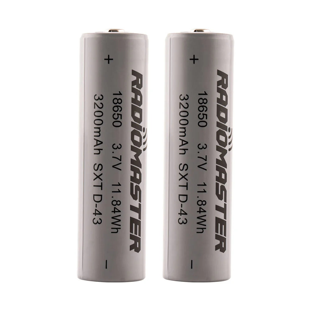 Pair of RadioMaster 18650 3200mAh 3.7V Li-ion batteries with black cylindrical cells and silver contacts.