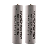 Pair of RadioMaster 18650 3200mAh 3.7V Li-ion batteries with black cylindrical cells and silver contacts.