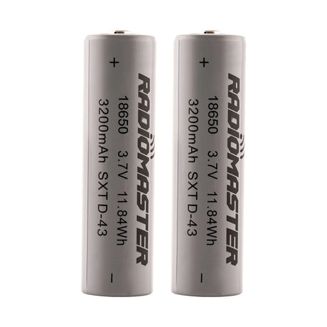 Pair of RadioMaster 18650 3200mAh 3.7V Li-ion batteries with black cylindrical cells and silver contacts.