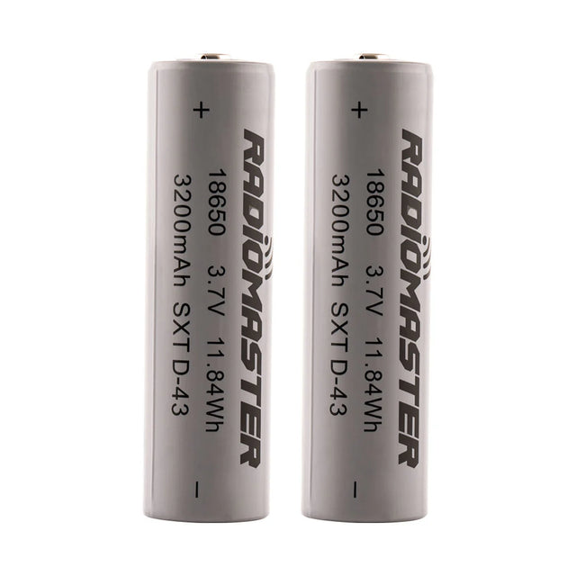 Pair of RadioMaster 18650 3200mAh 3.7V Li-ion batteries with black cylindrical cells and silver contacts.