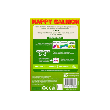 Happy Salmon card game by Exploding Kittens, showing colorful fish and characters from the card deck on a white background.
