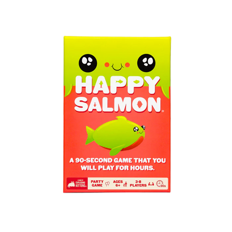 Happy Salmon card game by Exploding Kittens, showing colorful cartoon fish and happy characters for family fun.