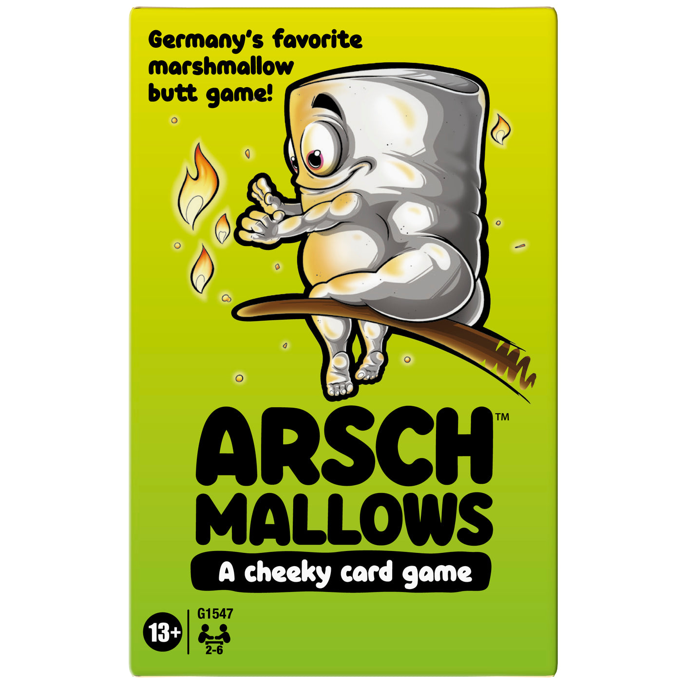 Hasbro Arschmallows card game with colorful cards featuring playful illustrations and game instructions on a white background