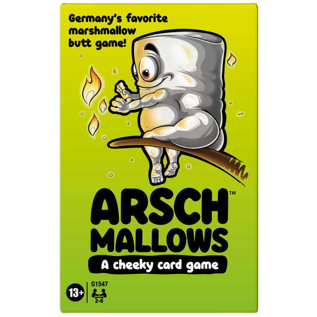 Hasbro Arschmallows card game with colorful cards featuring playful illustrations and game instructions on a white background