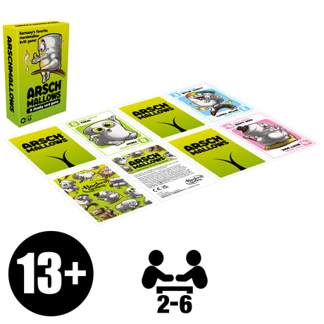 Hasbro Arschmallows card game featuring colorful cards and playful design for fun party entertainment.