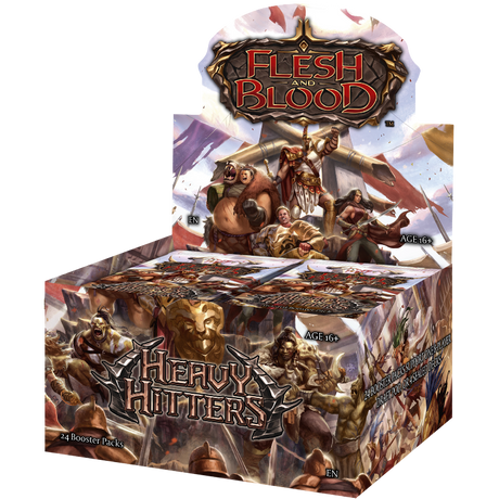 Legends Story Studios Flesh and Blood Heavy Hitters booster box of collectible trading cards with vibrant artwork.