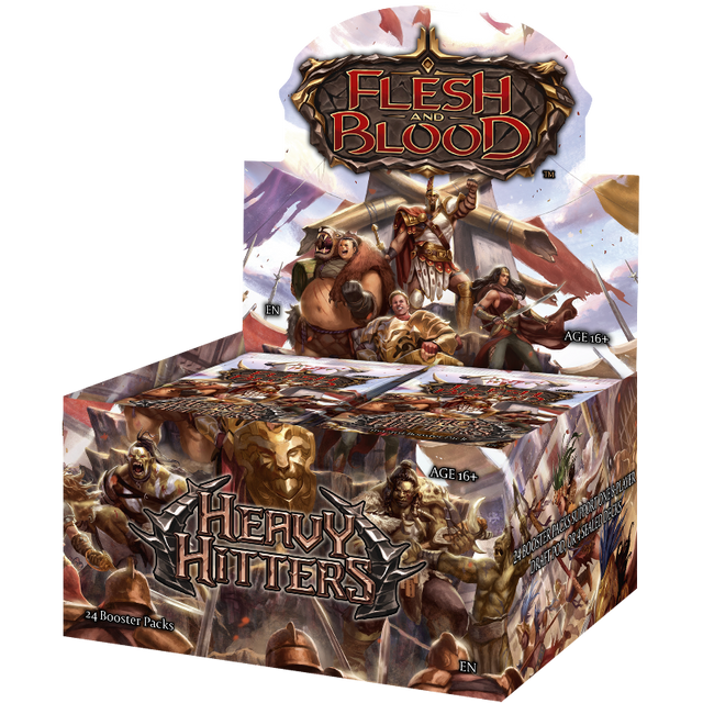 Legends Story Studios Flesh and Blood Heavy Hitters booster box of collectible trading cards with vibrant artwork.
