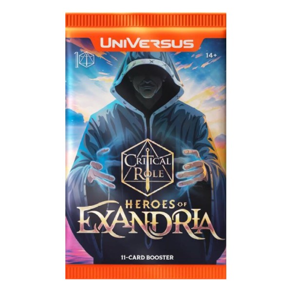Jasco Games UniVersus: Heroes of Exandria Booster Pack showing colorful fantasy card packaging with artwork and branding.