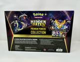 Pokémon TCG Hidden Fates Premium Powers Collection box featuring Pokémon cards and packaging with Pikachu and legendary Pokémon artwork.