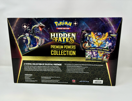 Pokémon TCG Hidden Fates Premium Powers Collection box featuring Pokémon cards and packaging with Pikachu and legendary Pokémon artwork.