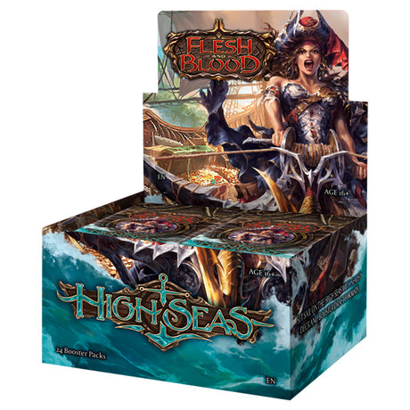 Collectible Flesh and Blood High Seas Booster Box by Legends Story Studios, featuring vibrant trading card packaging.