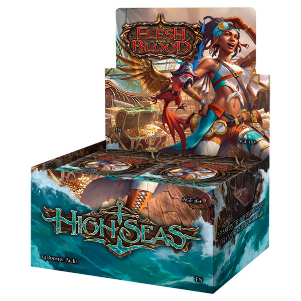 Flesh and Blood High Seas Booster Box of collectible trading cards by Legends Story Studios, featuring vibrant maritime artwork.