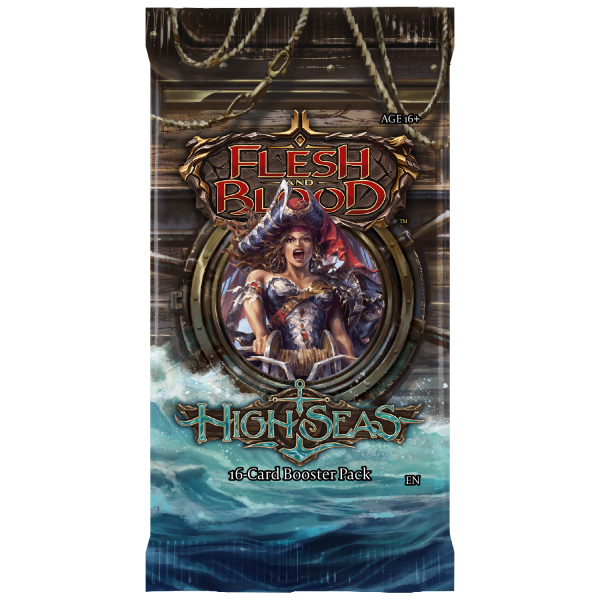 Flesh and Blood High Seas Booster Pack of collectible trading cards by Legends Story Studios, featuring ocean-themed card art.