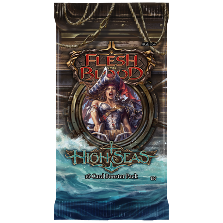 Flesh and Blood High Seas Booster Pack of collectible trading cards by Legends Story Studios, featuring ocean-themed card art.