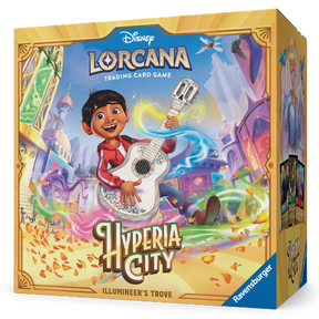 Lorcana TCG Hyperia City illumineer's Trove card featuring vibrant artwork of a luminous cityscape and magical characters.