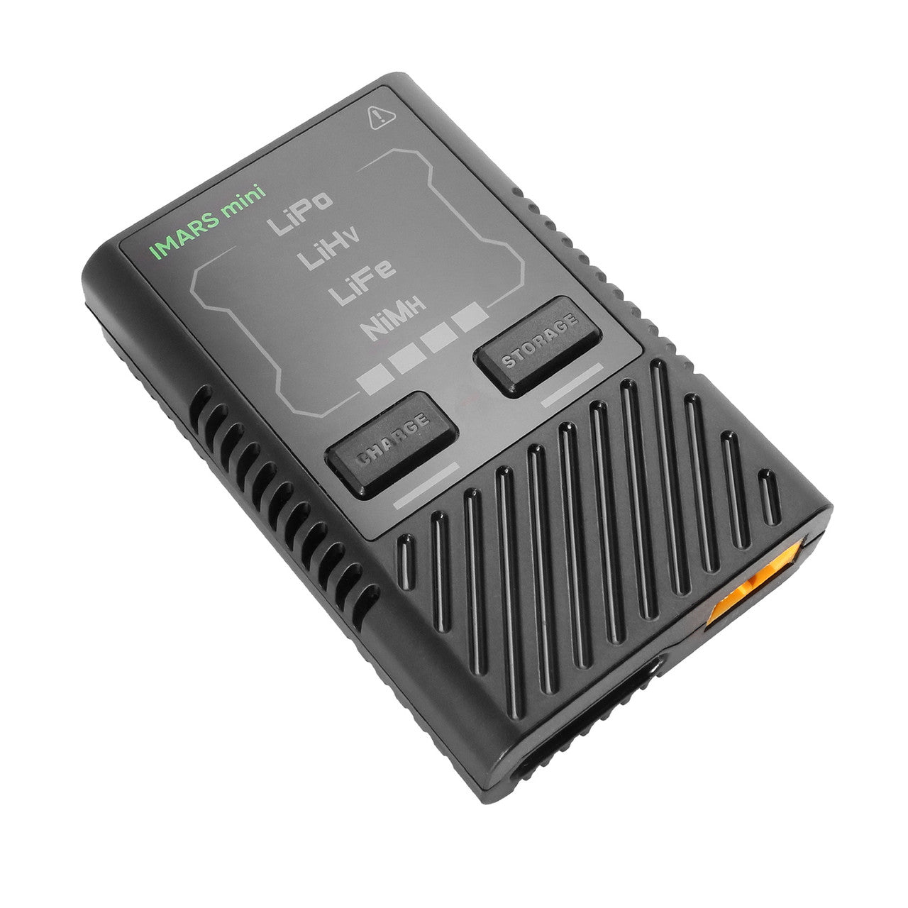 Gens Ace iMARS Mini G-Tech 60W RC battery charger for RC cars, compact and black with control buttons and display screen.