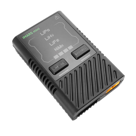 Gens Ace iMARS Mini G-Tech 60W RC battery charger for RC cars, compact and black with control buttons and display screen.