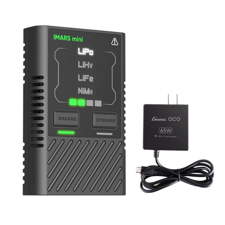 Gens Ace iMARS Mini G-Tech 60W RC car battery charger with digital display and compact design for efficient charging.