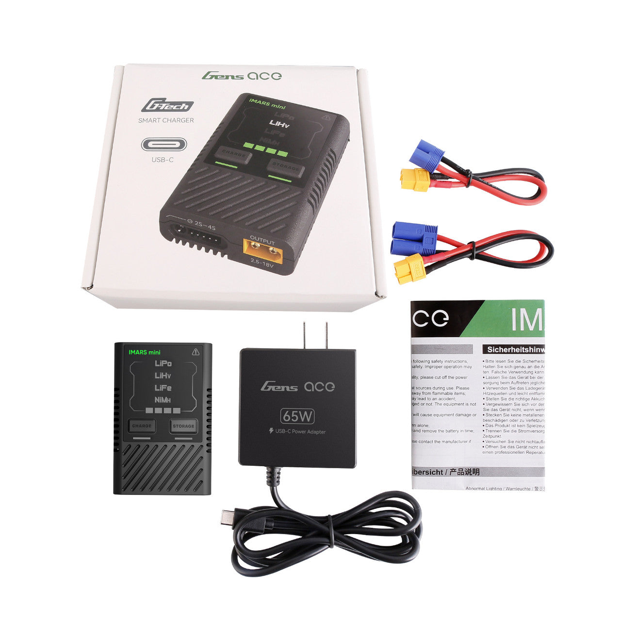 Gens Ace iMARS Mini G-Tech 60W RC car battery charger plugged into power, showing digital display and charging ports.