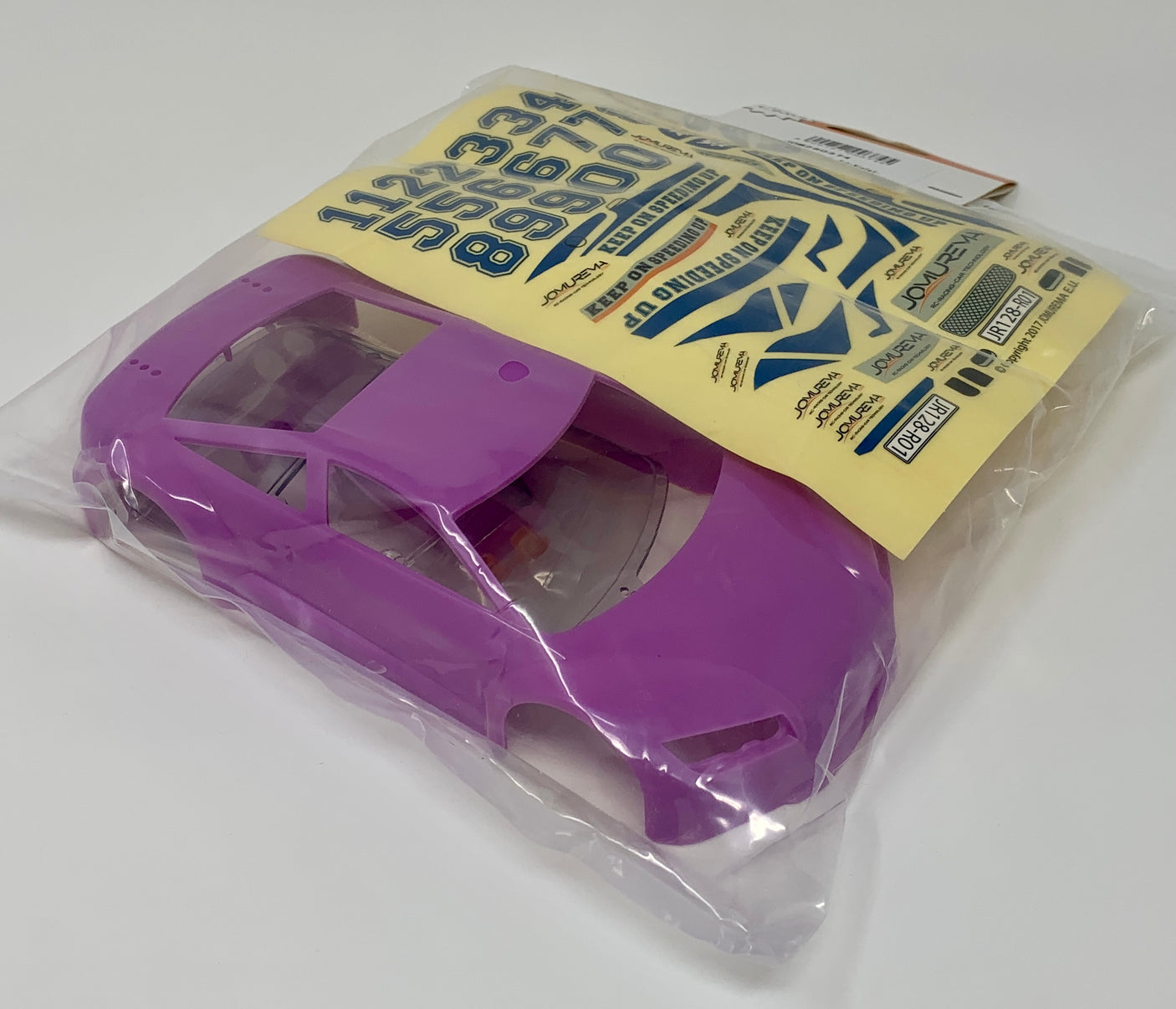 Jomurema GT01 car body set in violet color, showing detailed exterior with aerodynamic design and sleek finish.
