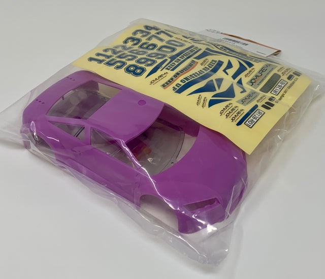 Jomurema GT01 car body set in violet color, showing detailed exterior with aerodynamic design and sleek finish.