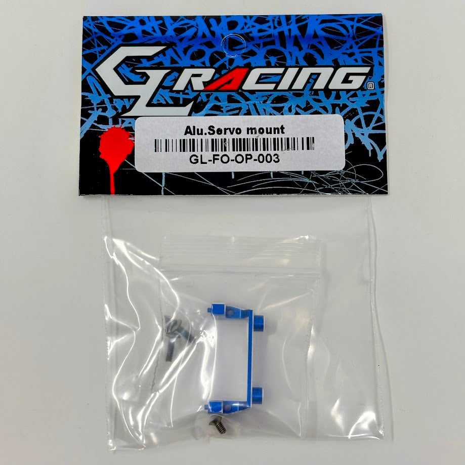 GL Racing GL Formula One aluminum servo mount, lightweight and durable, with detailed mounting hardware for RC car steering systems.