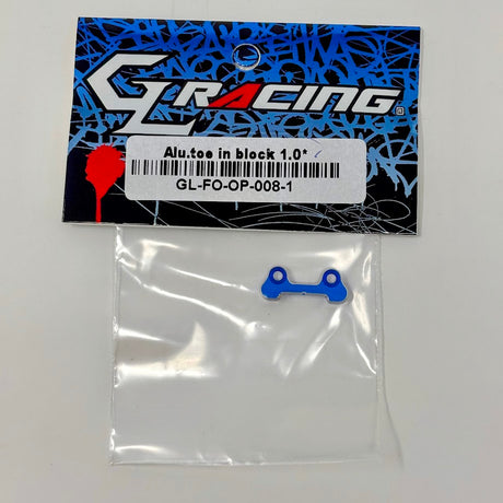 GL Racing Formula One aluminum toe-in block with 1-degree angle for precise wheel alignment, shown in the image.