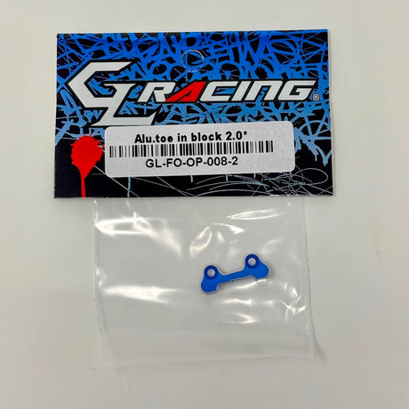 GL Racing aluminum toe-in block with 2° angle for Formula One car wheel alignment, shown in the image.