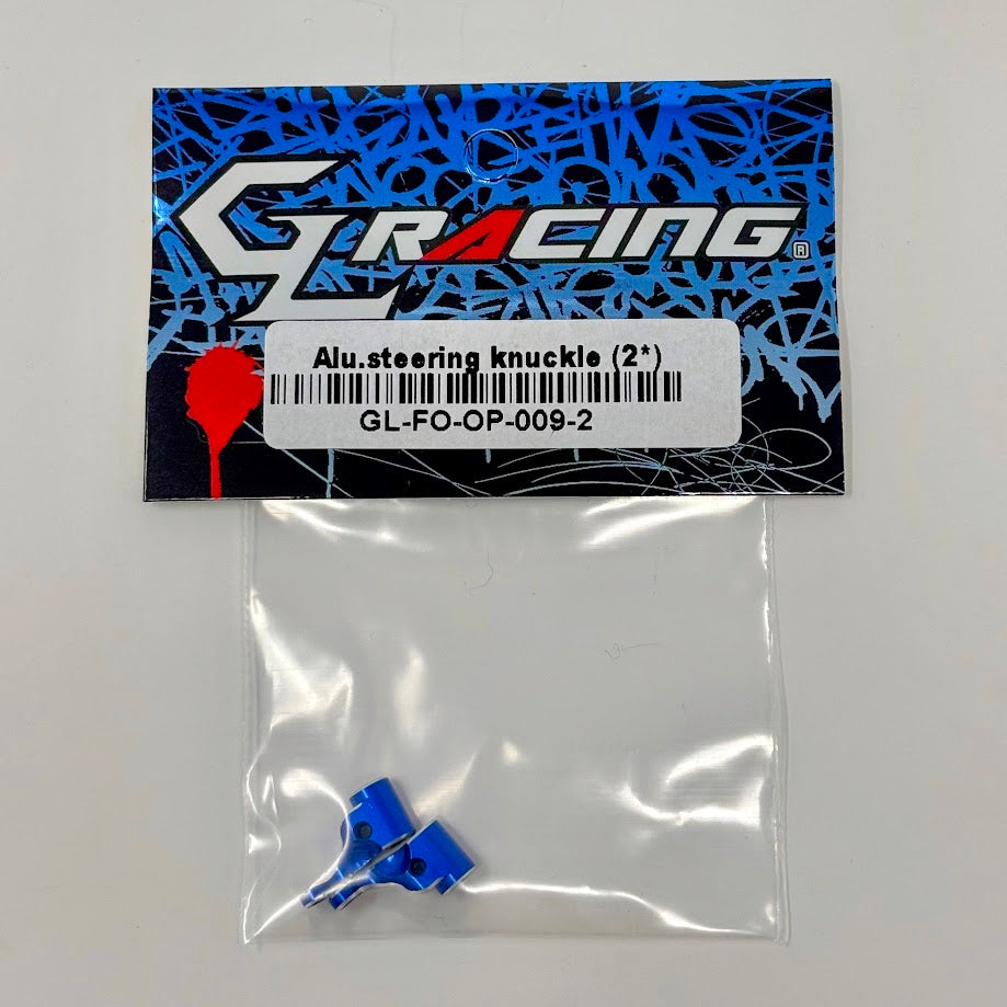 GL Racing aluminum steering knuckle for Formula One cars, featuring a 2° angle, shown in the product image.
