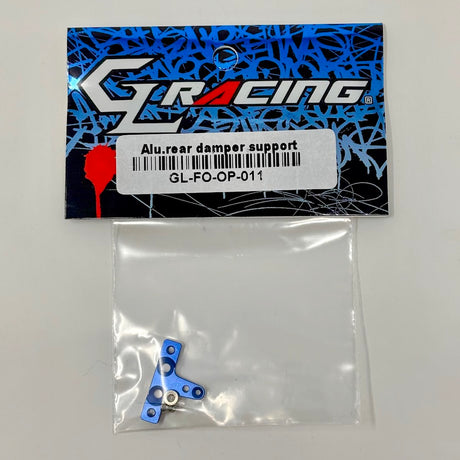 GL Racing aluminum damper support for Formula One cars, shown in image with mounting brackets and sleek metallic finish.