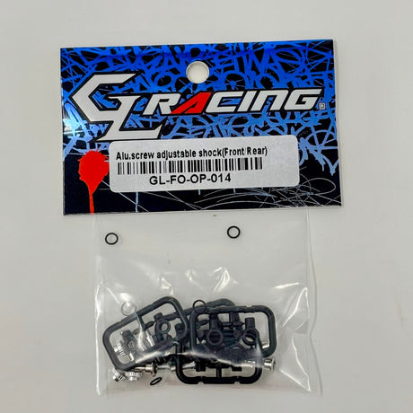 GL Racing aluminum screw adjustable front and rear shock for Formula One RC cars, shown in the image with mounting details.