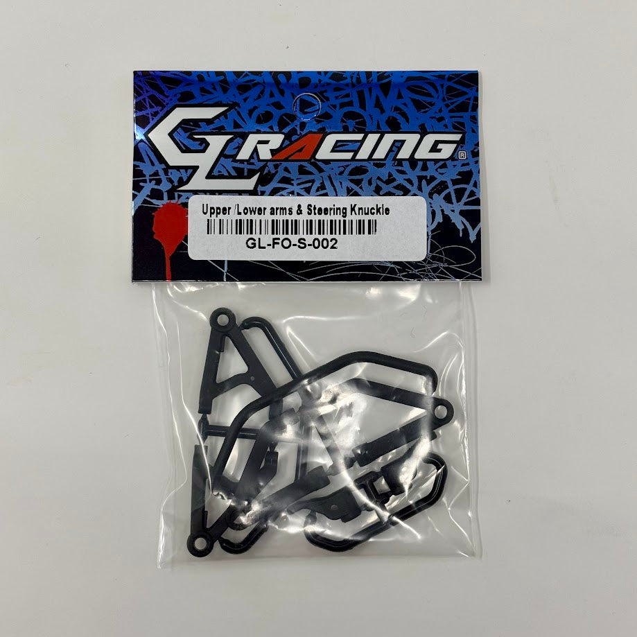 GL Racing Formula One upper and lower arms with steering knuckles, detailed automotive suspension components in black and silver.