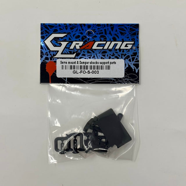 GL Racing Formula One servo mount and damper shocks for RC cars, featuring sleek design and durable construction.